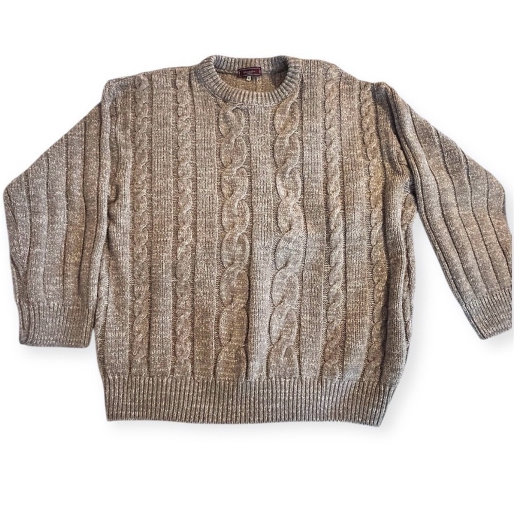 BRUMMELL Wool Taupe Cable Kit Fisherman’s Sweater Unisex Women XL Men L
